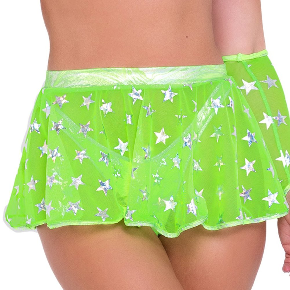 Hologram Star Print Sheer Mesh Mini Skirt Neon Green